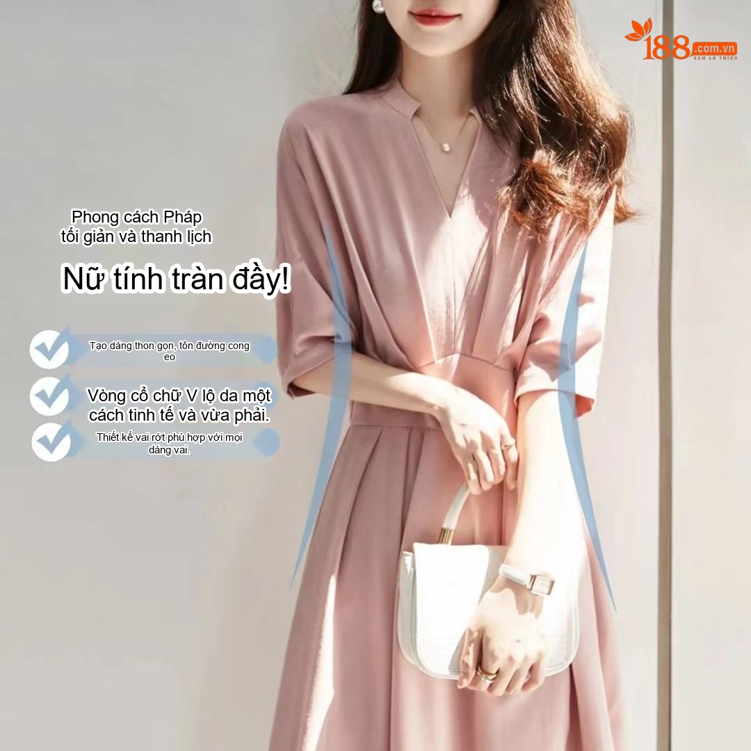 Váy liền thân Nữ Tay Ngắn Cổ chữ V Chữ A Thắt Eo Dáng Rớt Vai Màu Trắng, Hồng, Xanh...