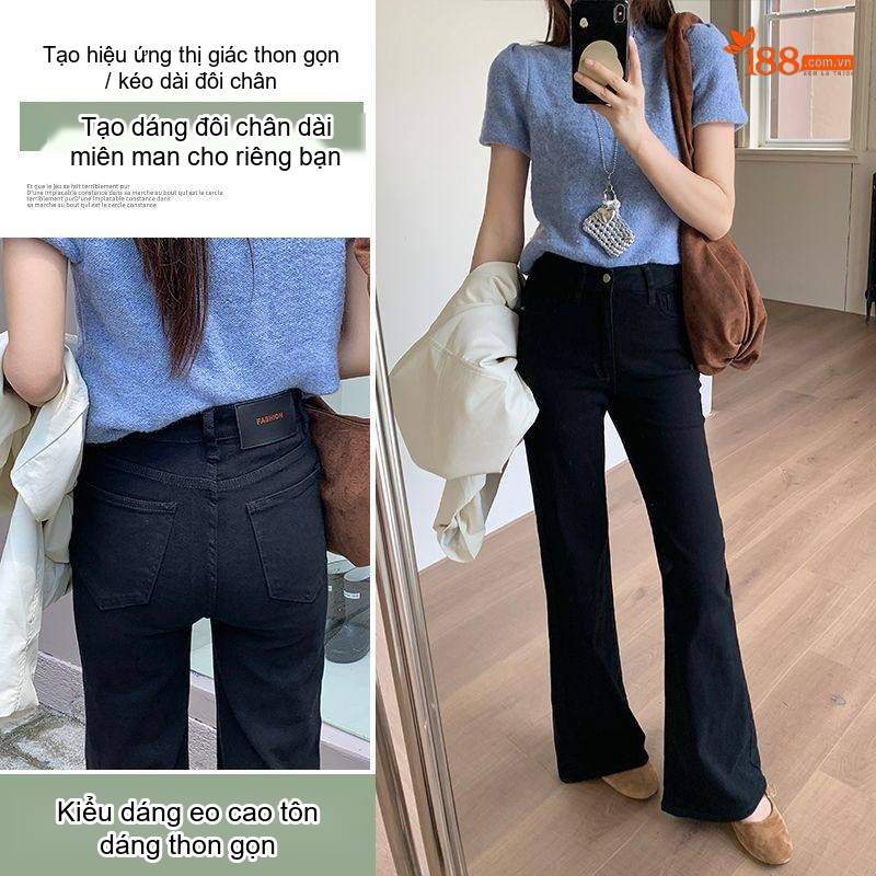 Quần Jeans Nữ Ống Loe Đáy Cao Dáng Rộng Phong Cách Thời Trang Màu Đen, Trắng