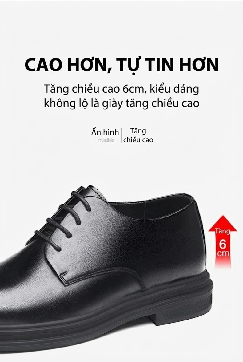Giày Tây Buộc Dây Nam Da Bò Chiều Cao Đế 8cm Thoáng Khí Màu Đen chi tiết 10