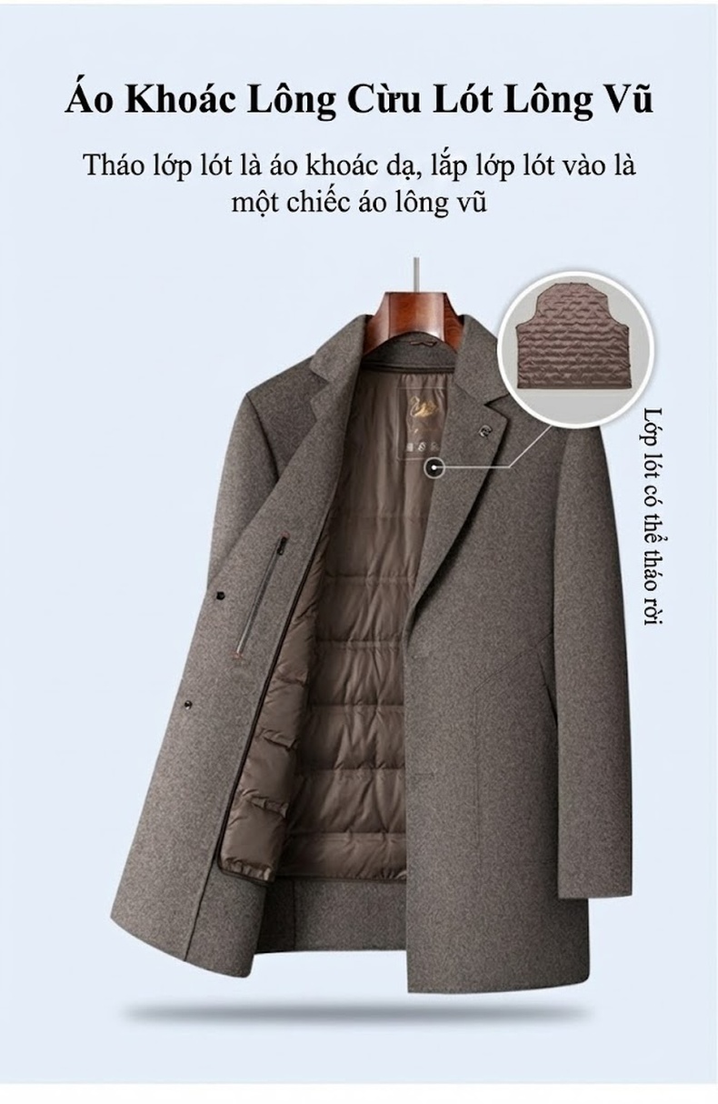 Áo Khoác Nam Lông Vũ Lót Nỉ Dày Dặn Tháo Rời Màu Xám chi tiết 9