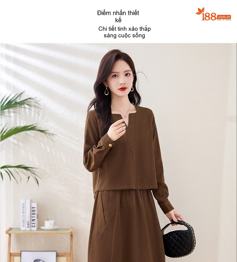 Set Bộ Quần Áo Nữ Thu Đông Dáng Áo Ngắn Tay Dài Chân Váy Chữ A Màu Nâu, Xanh, Hồng chi tiết 6