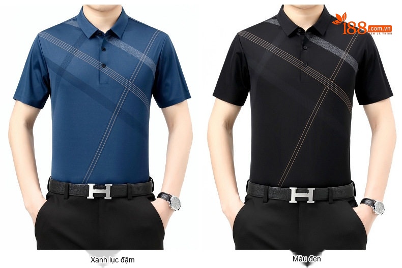 Áo Thun Polo Nam Lụa Tơ Tằm Họa Tiết Sọc Ngắn Tay Phong Cách Doanh Nhân Màu Nâu, Xanh Navy, Đen, Xanh Da Trời... chi tiết 8