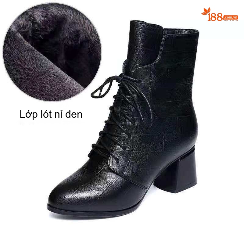 Boot Nữ Da Bóng Cổ Ngắn Gót Vuông Chiều Cao Đế Khoảng 5cm Dây Buộc Mũi Nhọn Phong Cách Anh Quốc Màu Đen