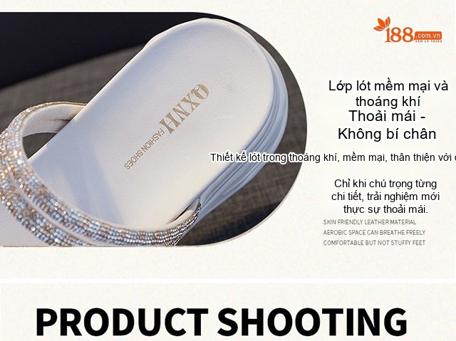 Dép Lê Nữ Quai Kẹp Đế Xuồng Dày Chiều Cao Đế Khoảng 5cm Đính Đá Màu Đen, Trắng, Kem chi tiết 9