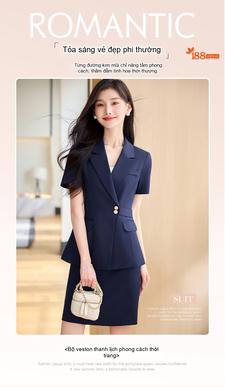 Bộ Vest Công Sở Nữ Tay Ngắn Áo Blazer Quần/Chân Váy Màu Xám, Đen, Xanh Dương chi tiết 2