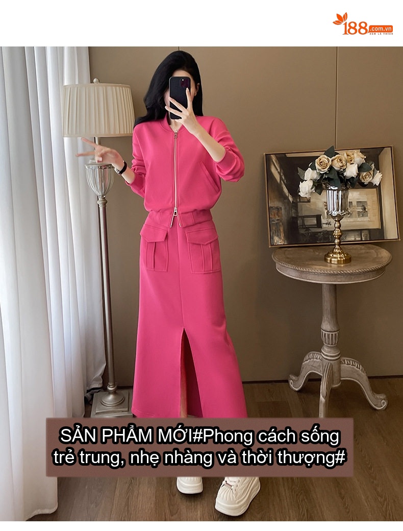 Set Bộ Nữ Áo Khoác Bomber Dáng Lửng Chân Váy Midi Xẻ Tà Phong Cách Casual Màu Đen, Hồng chi tiết 1