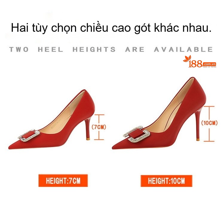 Giày Cao Gót Nữ Mũi Nhọn Gót Nhọn Chiều Cao Đế Khoảng 7cm Đính Đá Màu Đen, Đỏ, Kem, Xanh Lá... chi tiết 2
