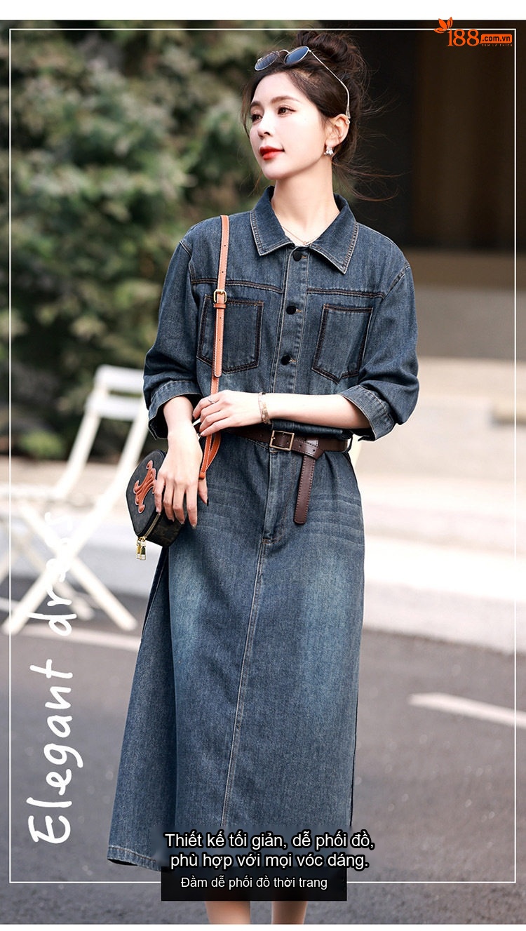Váy Đầm Jean Nữ Dáng Dài Thắt Eo Phong Cách Công Sở Màu Xanh Denim chi tiết 1