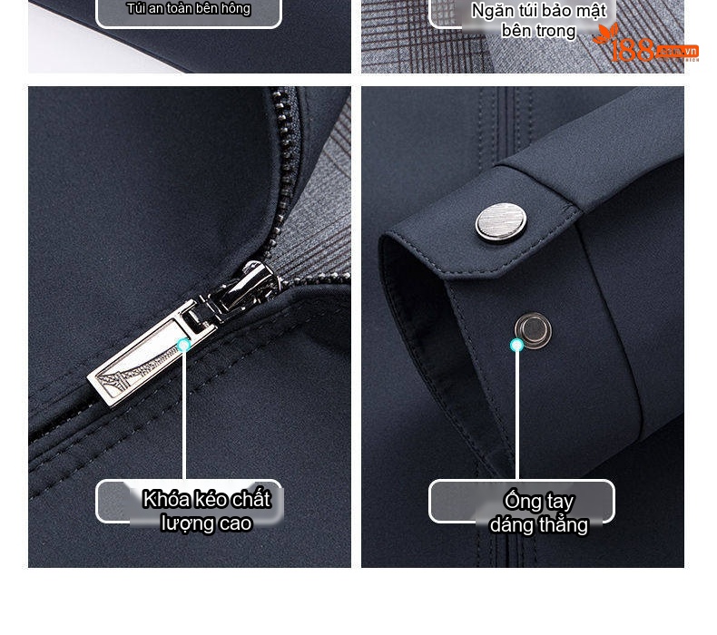Áo Khoác Nam Mỏng Cổ Trụ Dáng Suông Phong Cách Lịch Sự Màu Xanh Navy, Kem chi tiết 12