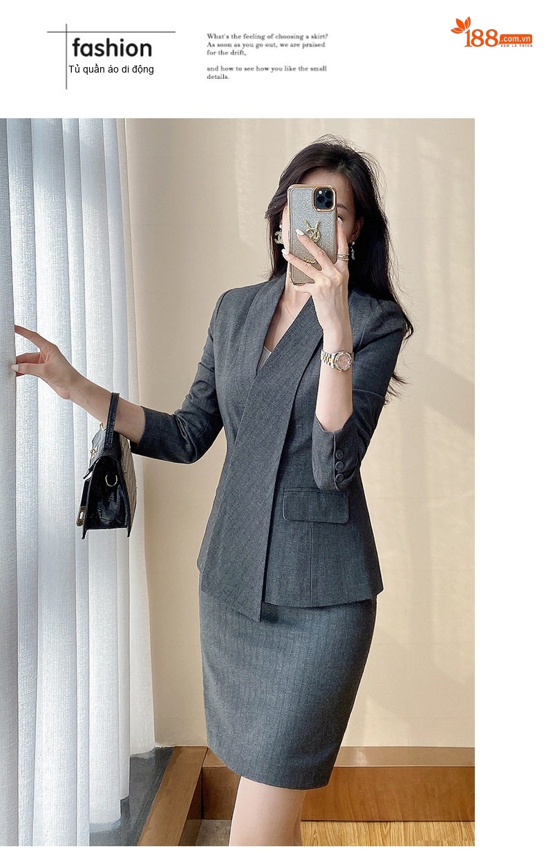 Bộ Vest Công Sở Nữ Áo Blazer Quần Dài/Chân Váy Chữ A Màu Xám, Đen chi tiết 16