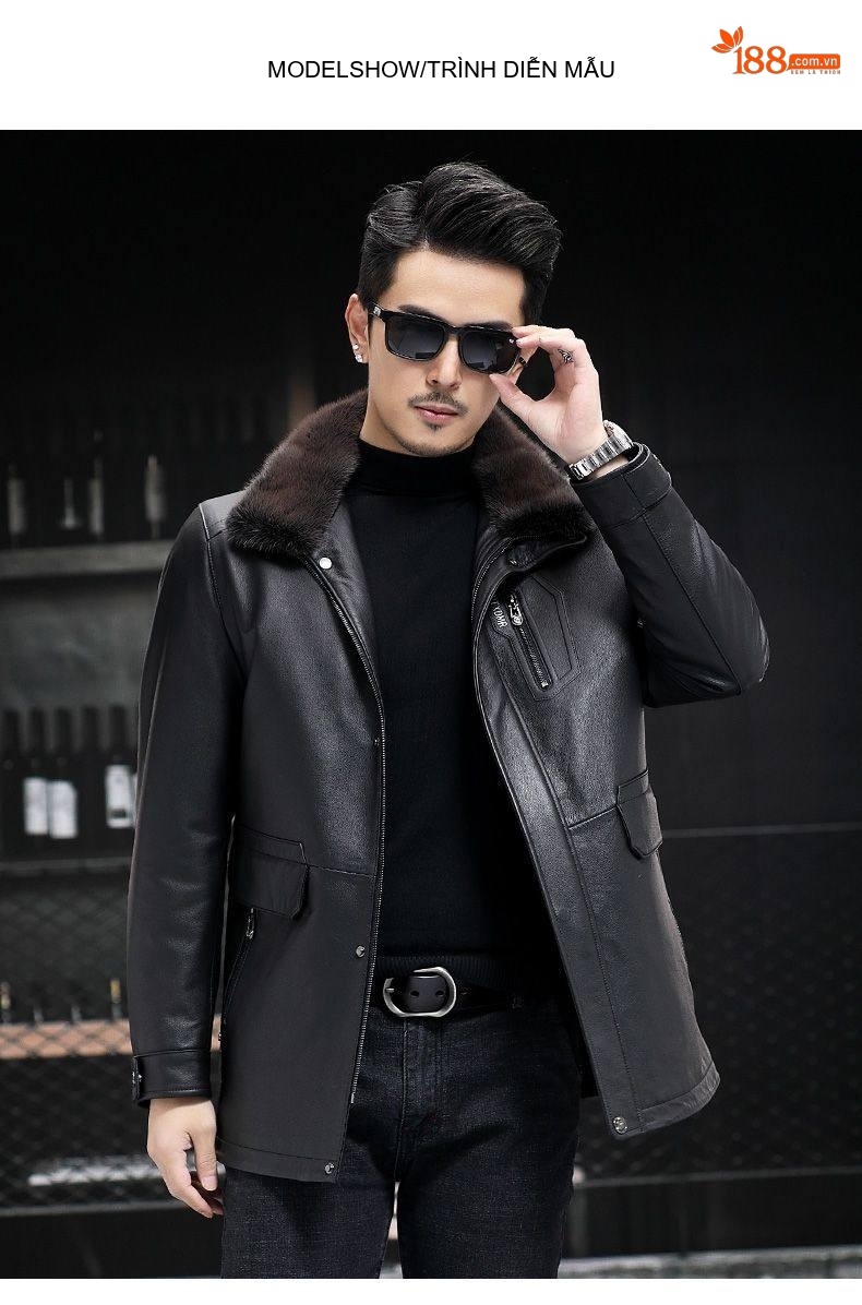 Áo Khoác Da Nam Da Thật Cổ Lông Kiểu Dáng Bomber Dáng Dài Màu Nâu, Đen chi tiết 9