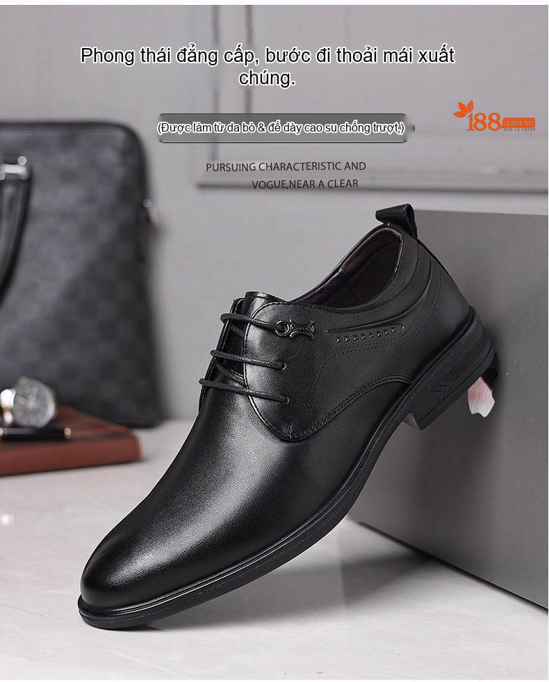 Giày Tây Buộc Dây Nam Da Bò Mũi Nhọn Chiều Cao Đế Khoảng 3cm Màu Đen chi tiết 1