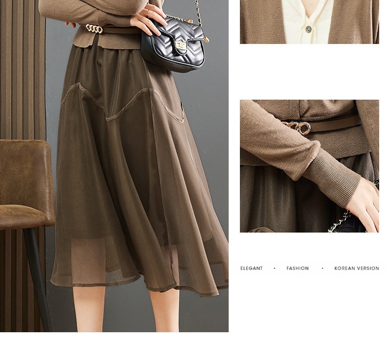 Set Áo Cardigan Dệt Kim và Chân Váy Midi Xòe Phong Cách Thời Trang Thu Đông Màu Nâu, Kem chi tiết 4