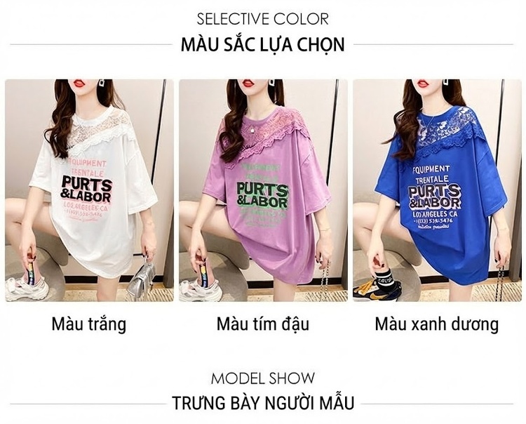 Áo Thun Nữ Tay Ngắn Form Rộng Viền Ren Hoa Văn Màu Trắng, Xanh, Tím chi tiết 5