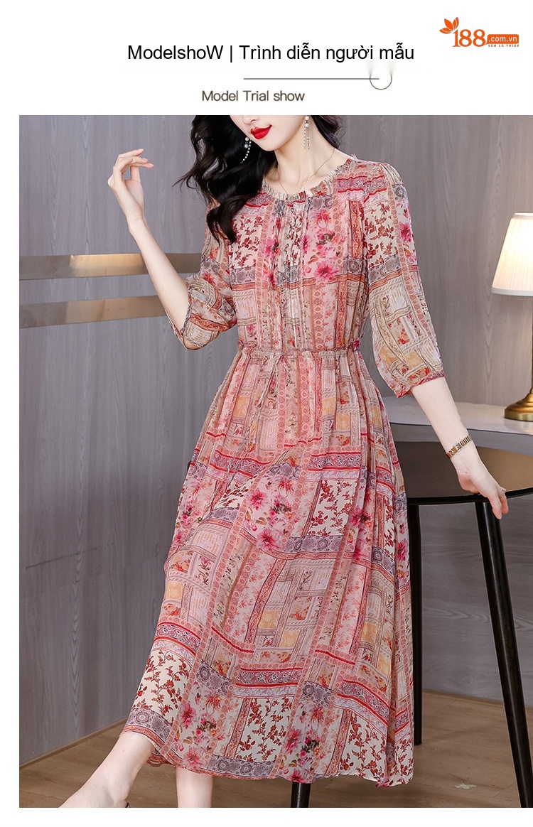 Váy Lụa Tằm In Hoa Dáng Dài Tay Lỡ Phong Cách Thanh Lịch Cho Nữ chi tiết 6