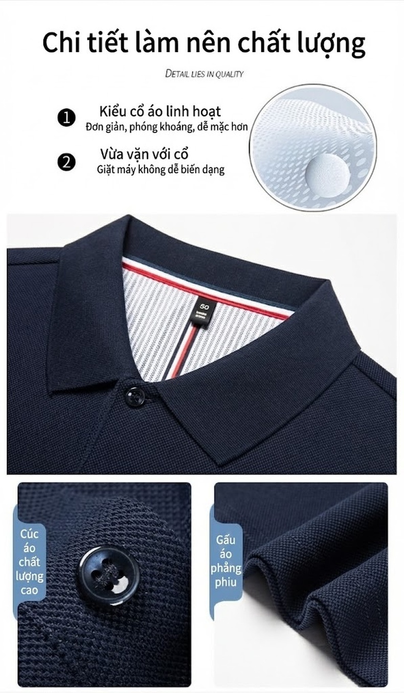 Áo Polo Nam Cotton Dài Tay Form Rộng Màu Đen, Xanh Navy, Trắng, Xám... chi tiết 4