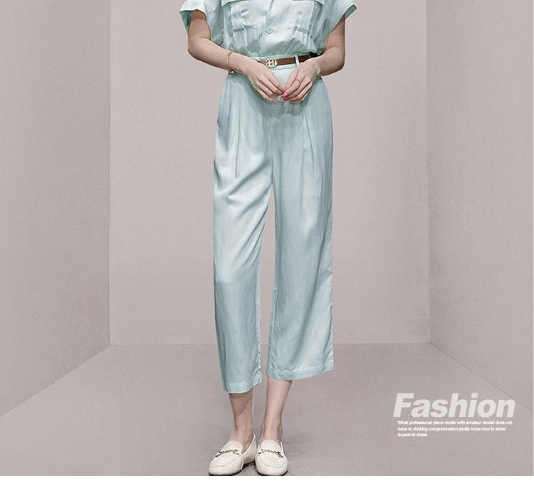 Jumpsuit Nữ Tay Ngắn Cổ chữ Vest Dáng Suông Chiết Eo Thanh Lịch Màu Xanh chi tiết 2