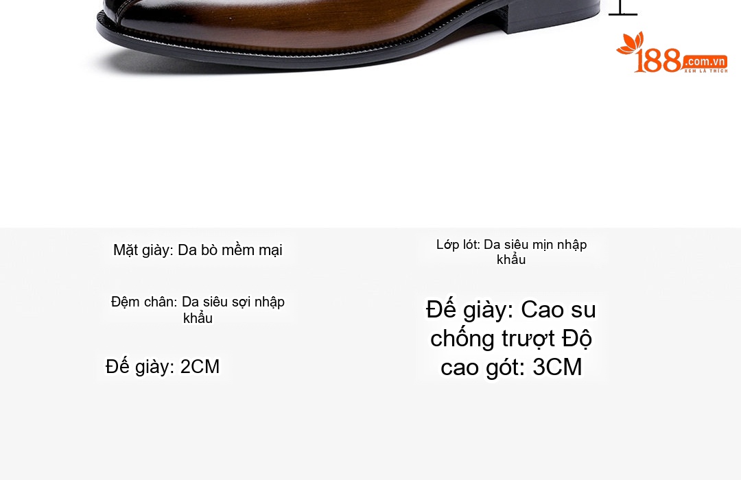 Giày Tây Buộc Dây Nam Da Thật Phong Cách Anh Quốc Chiều Cao Đế Khoảng 3cm Màu Đen chi tiết 6