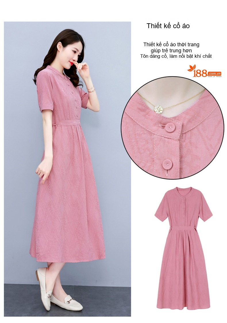 Váy Midi Nữ Cotton Linen Thiết Kế dáng chữ A Che Bụng, Eo Thon Gọn Màu Hồng, Xanh Dương chi tiết 6