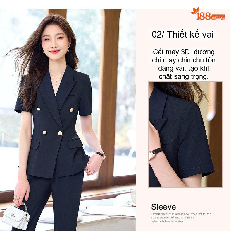 Bộ Vest Công Sở Nữ Tay Ngắn Màu Xám, Đen, Xanh Than (Kèm Quần/Chân Váy) chi tiết 9