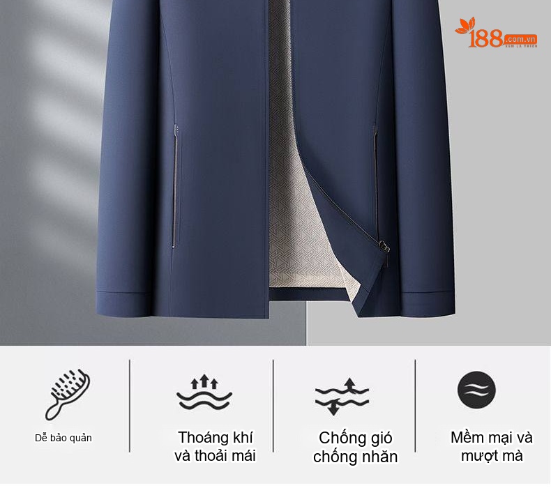 Áo Khoác Nam Cổ Bẻ Khóa Kéo Phong Cách Doanh Nhân Màu Xanh Navy chi tiết 4