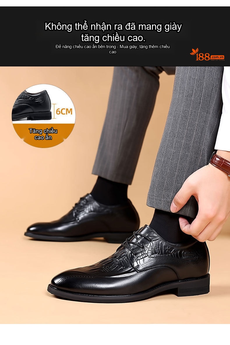 Giày Tây Buộc Dây Nam Da Bò Brogue Chiều Cao Đế 6cm Màu Đen chi tiết 3
