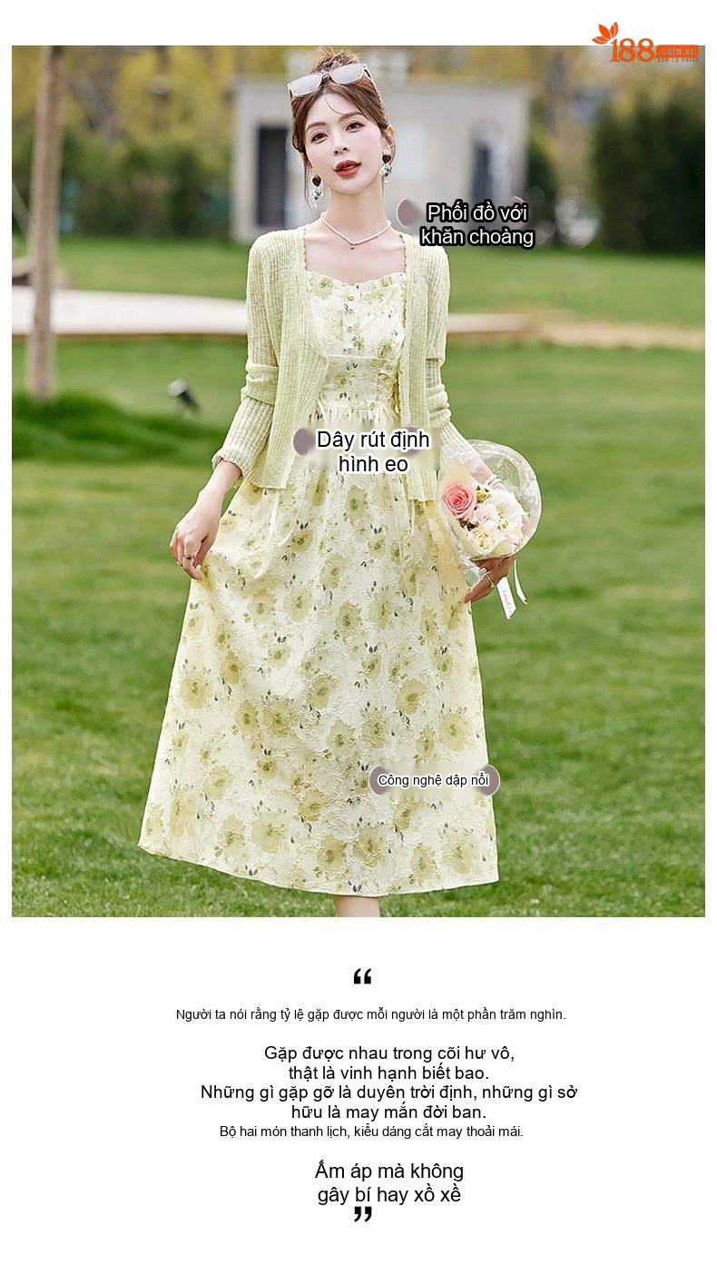 Váy Hai Dây Nữ dáng chữ A Chiết Eo Họa Tiết Hoa Nhỏ Kèm Áo Khoác Cardigan Dệt Kim Màu Xanh Nhạt chi tiết 3
