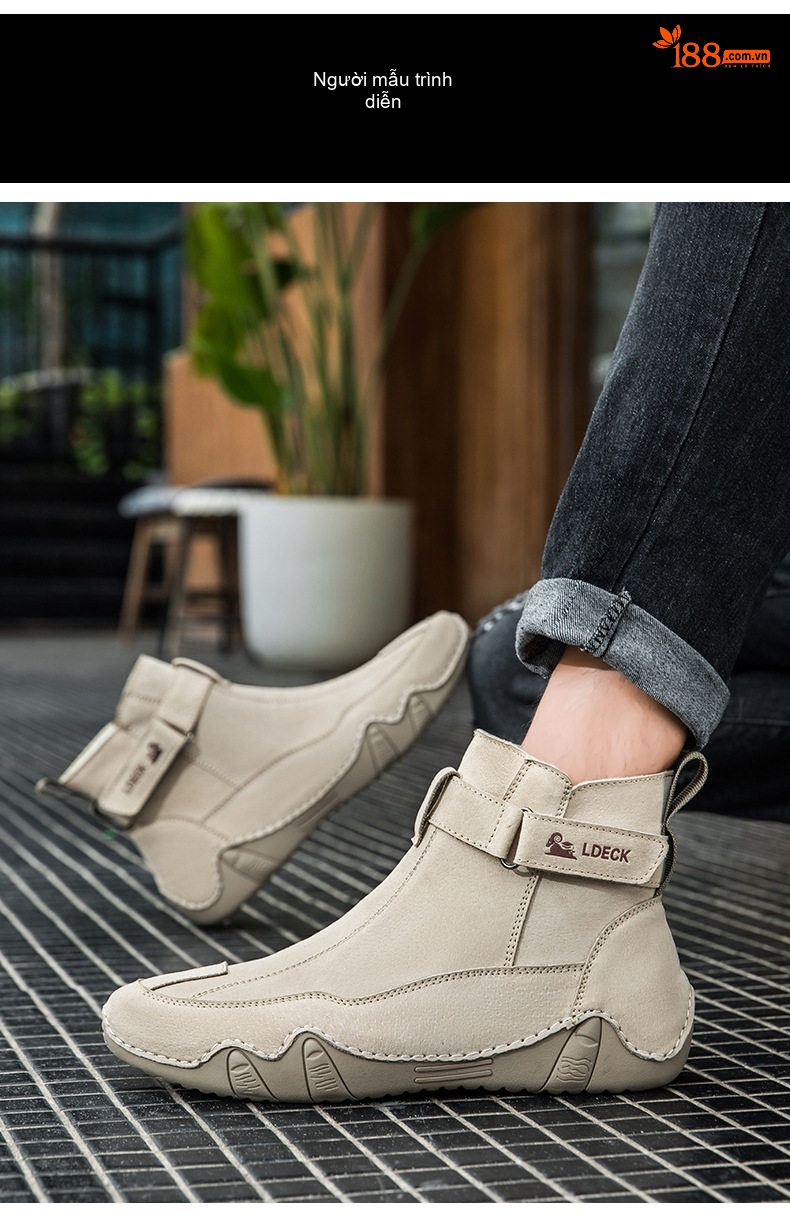 Giày Martin Cổ Cao Nam Da Thật Phong Cách Retro Size Lớn Đế Khoảng 3cm Màu Be, Xám chi tiết 10