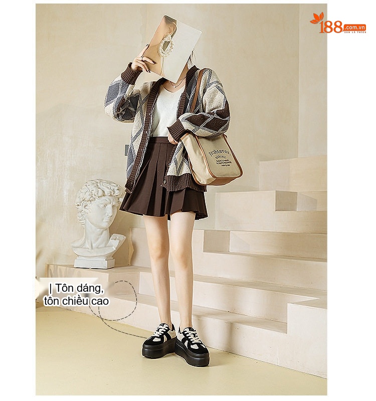 Giày Thể Thao Nữ Đế Xuồng Chiều Cao Đế Khoảng 6cm Phối Màu Phong Cách Đức Màu Trắng, Nâu, Đen chi tiết 4