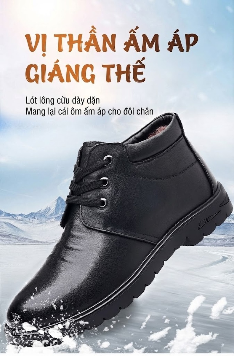 Giày Da Thật Nam Cổ Cao Lót Lông Cừu Mùa Đông Chống Trượt Chiều Cao Đế Khoảng 3cm Màu Đen chi tiết 1