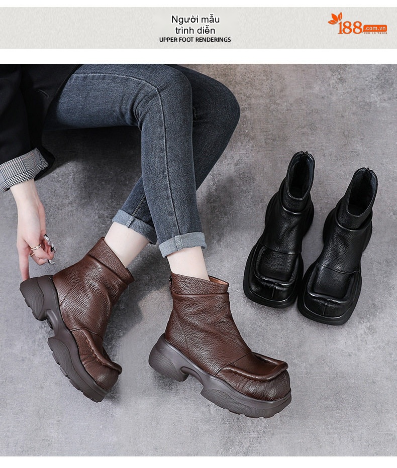 Boot Nữ Da Bò Cổ Ngắn Đế Bánh Mì Chiều Cao Đế Khoảng 5cm Khoá Kéo Sau Màu Đen, Nâu chi tiết 11
