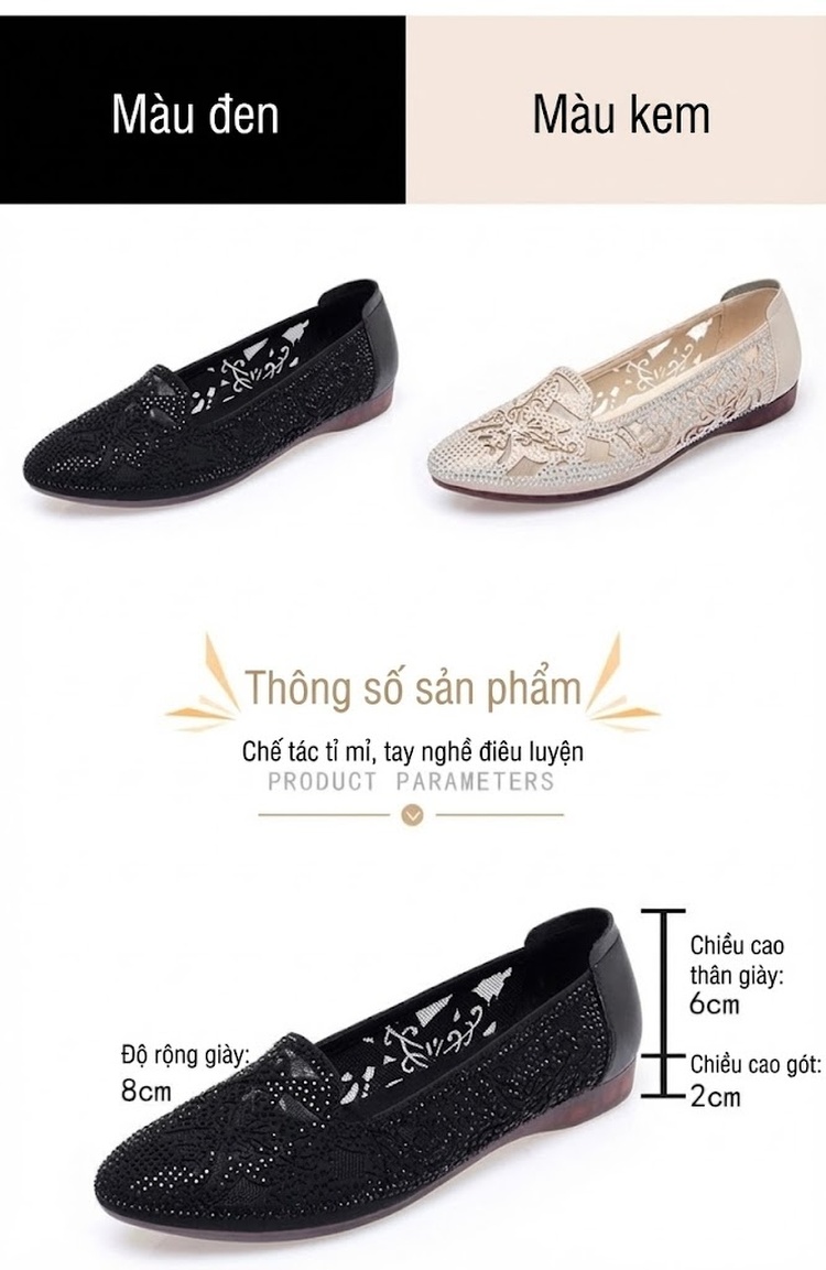 Giày Búp Bê Lưới Mềm Thoáng Khí Đế Bằng Chống Trượt Chiều Cao Đế Khoảng 2cm Màu Kem, Đen chi tiết 3