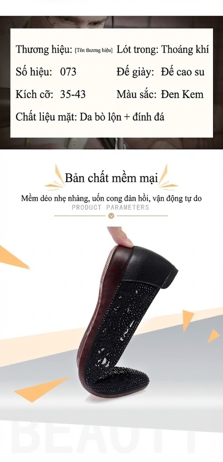 Giày Búp Bê Lưới Mềm Thoáng Khí Đế Bằng Chống Trượt Chiều Cao Đế Khoảng 2cm Màu Kem, Đen chi tiết 4