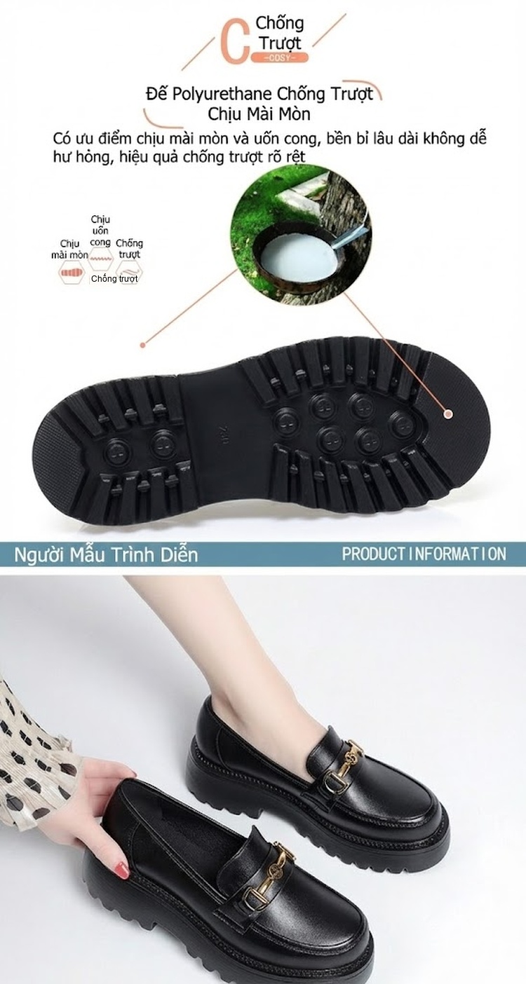 Giày Lười Nữ Da Bóng Đế Bánh Mì Chiều Cao Đế Khoảng 4cm Màu Đen chi tiết 4