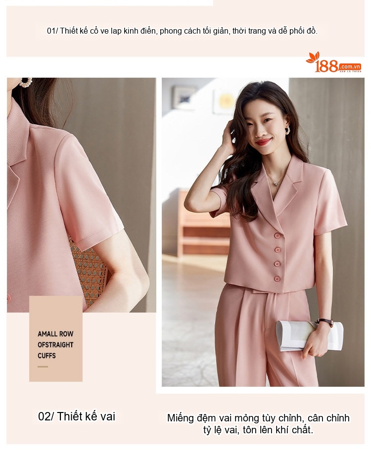 Bộ Vest Nữ Quần Ống Rộng Áo Blazer Ngắn Tay Lửng Phong Cách Công Sở Màu Hồng, Trắng, Đen chi tiết 6
