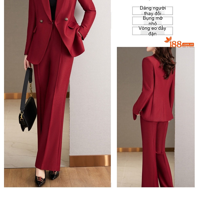 Set Bộ Vest Nữ Quần Ống Rộng Dáng Ôm Thanh Lịch Màu Đỏ, Xanh Lá, Đen chi tiết 17