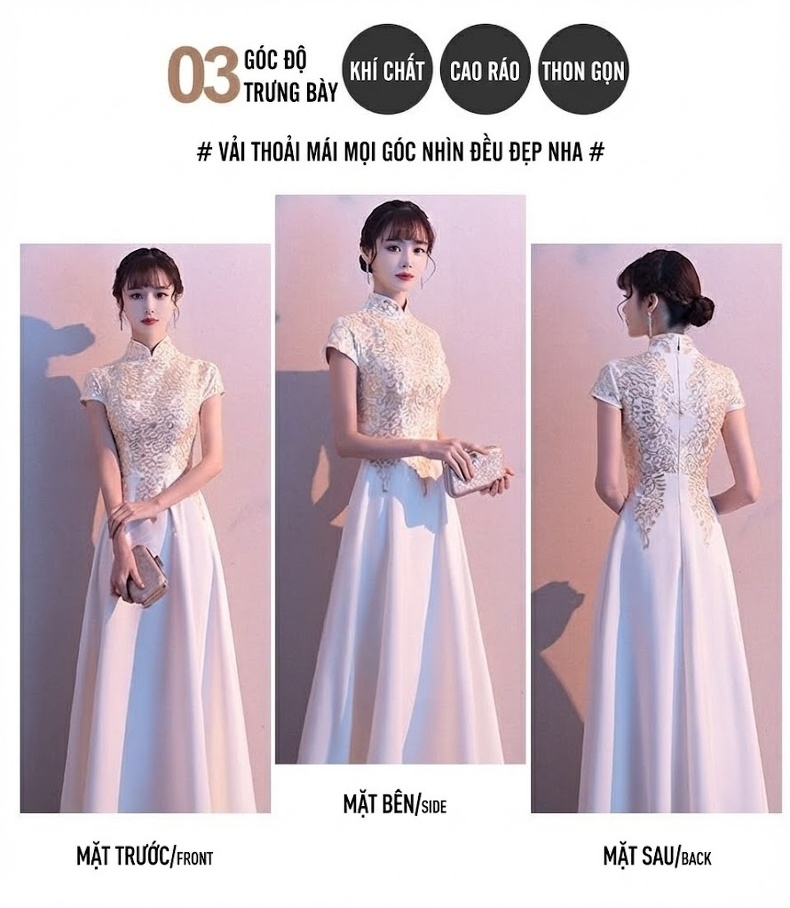Váy Dạ Hội Dáng Dài Cổ Tàu Thêu Họa Tiết Dự Tiệc Biểu Diễn Phong Cách Trung Hoa Màu Trắng, Đen, Đỏ, Xanh Navy... chi tiết 5