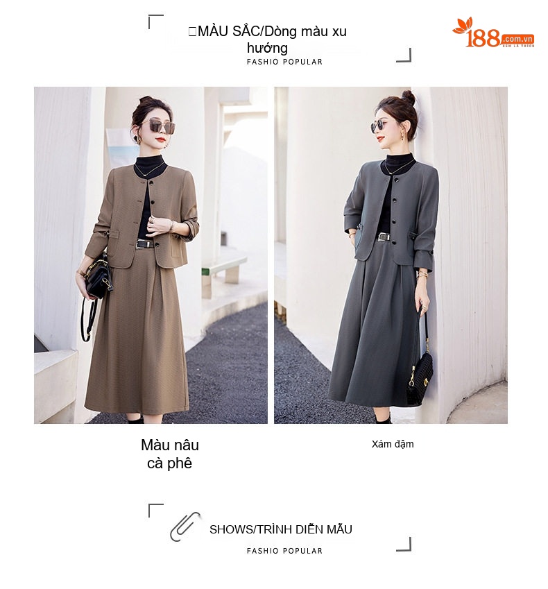 Set Áo Khoác Lửng và Chân Váy Dài Thanh Lịch Màu Nâu, Xám chi tiết 9