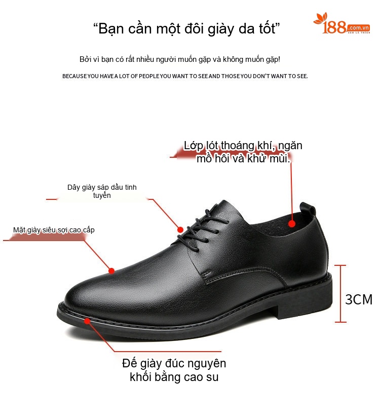 Giày Tây Buộc Dây Nam Da Mềm Chiều Cao Đế Khoảng 3cm Màu Đen chi tiết 2