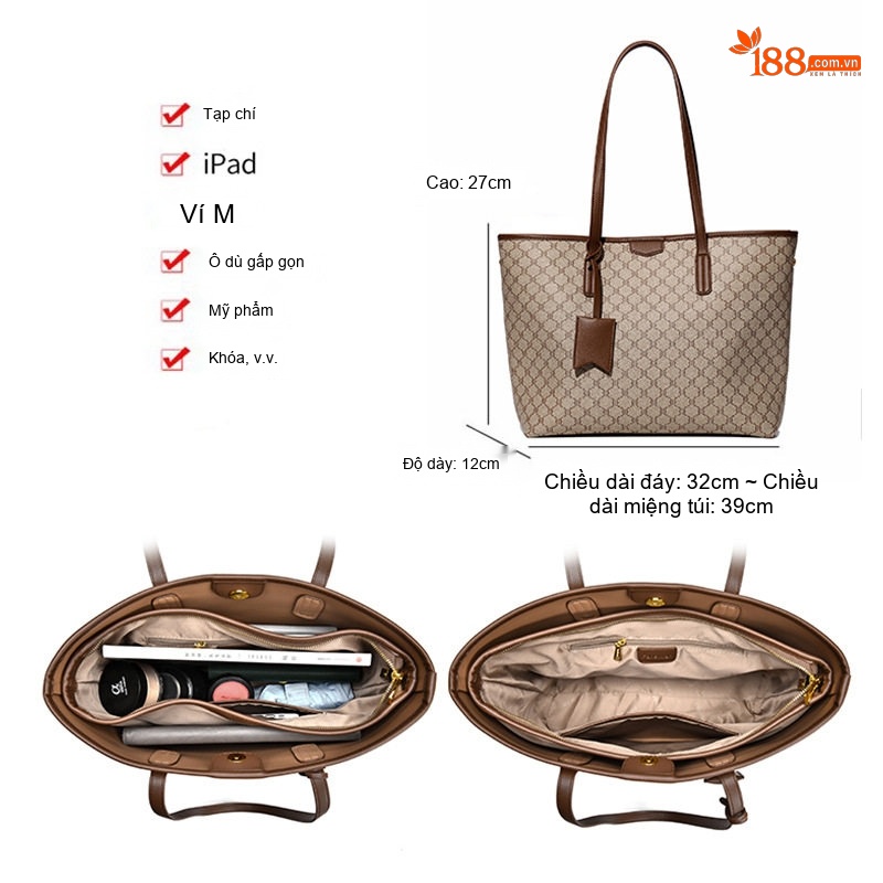 Túi Tote Nữ Fansman Họa Tiết Chữ Lớn Sức Chứa Lớn Màu Nâu