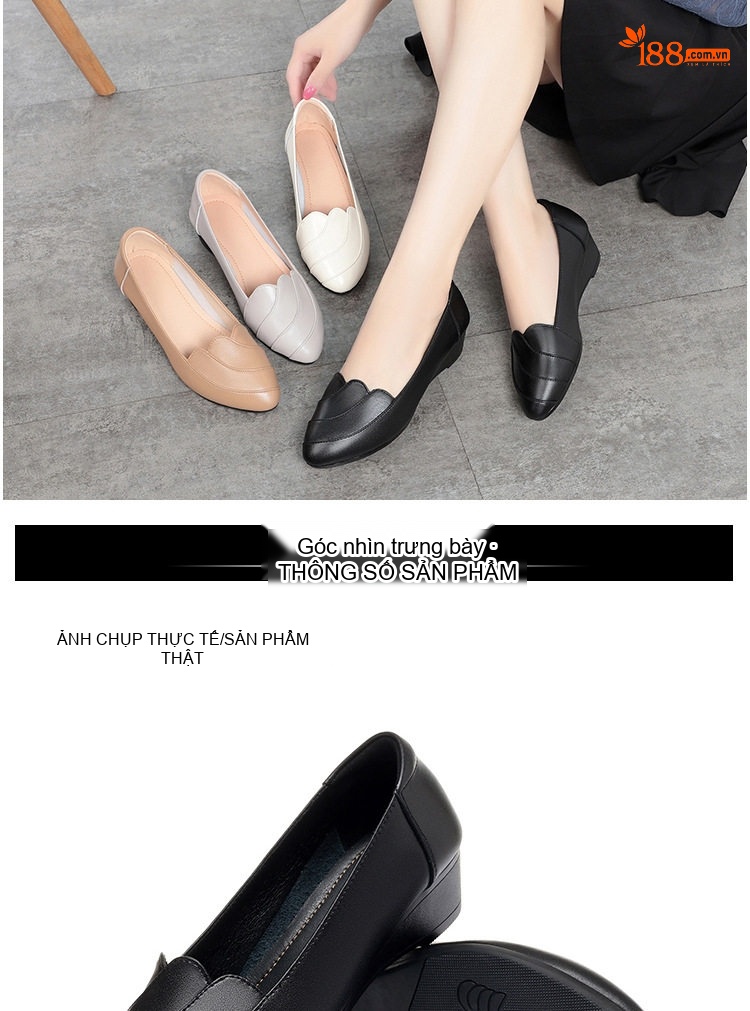 Giày Búp Bê Nữ Da Thật Đế Xuồng Chiều Cao Đế Khoảng 3cm Mũi Tròn Màu Đen, Nâu, Trắng chi tiết 13