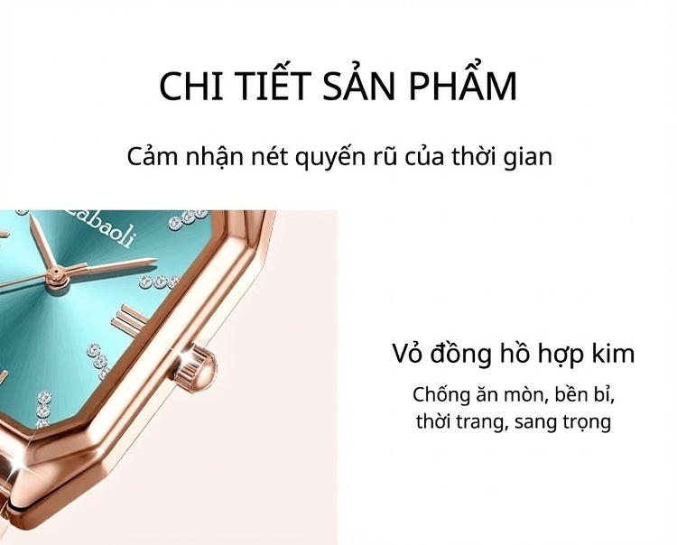 Đồng Hồ Nữ Labaoli Mặt Vuông Nhỏ Dây Kim Loại Tinh Tế Màu Vàng Hồng, Xanh Mint chi tiết 5