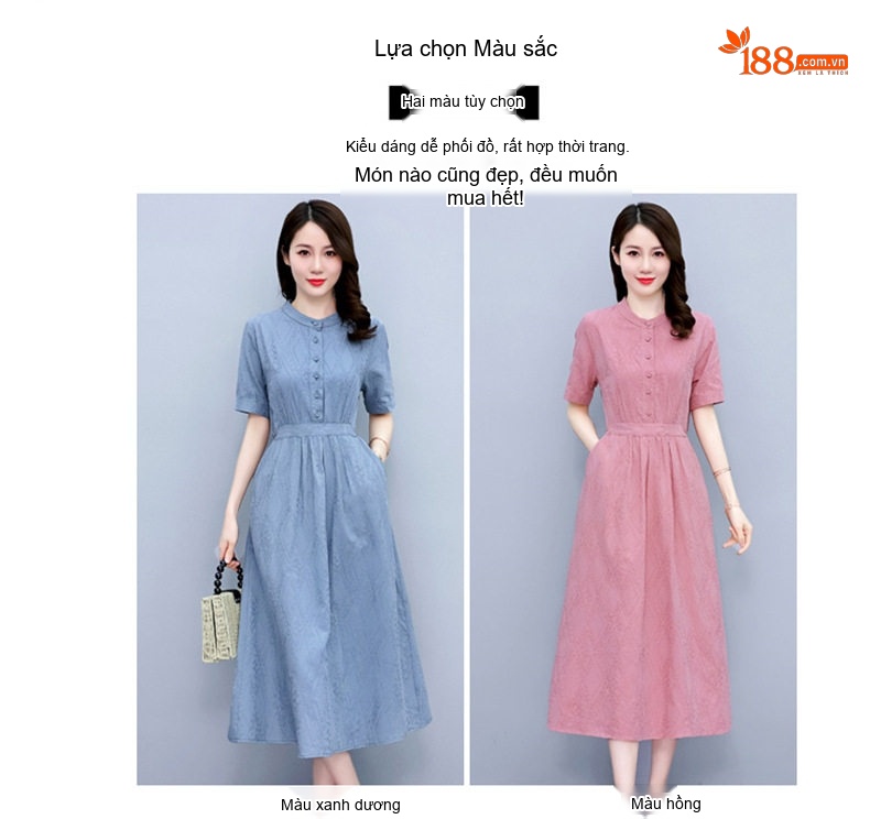 Váy Midi Nữ Cotton Linen Thiết Kế dáng chữ A Che Bụng, Eo Thon Gọn Màu Hồng, Xanh Dương chi tiết 14