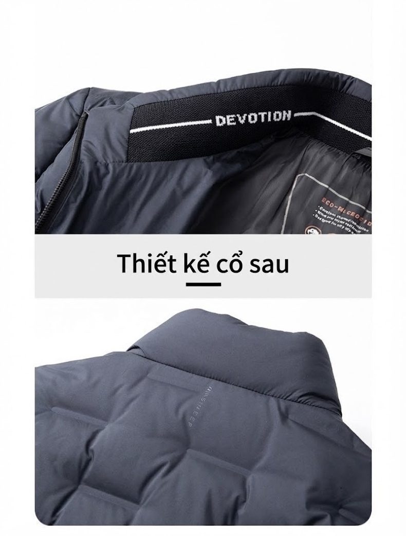 Áo Khoác Phao Nam 90% Lông Vịt Dáng Ôm Khóa Kéo Cổ Đứng Giữ Ấm Màu Xám, Xanh Đen, Xanh Rêu chi tiết 7