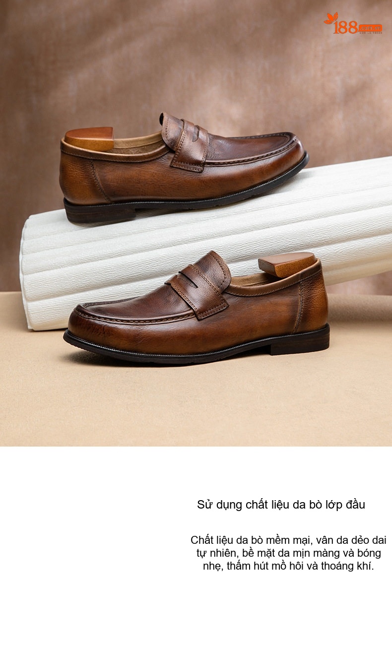 Giày Lười Nam Da Bò Retro Thủ Công Chiều Cao Đế Khoảng 2.5cm Màu Nâu, Đen chi tiết 4