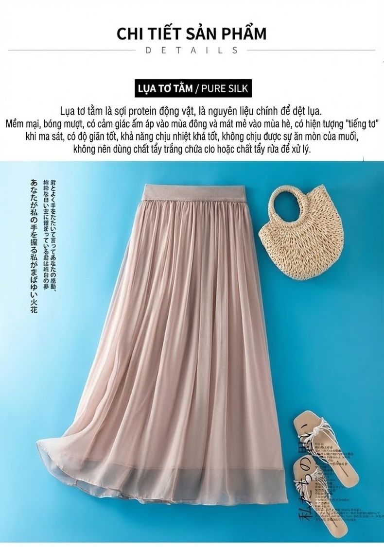 Chân Váy Nữ Lụa Tằm Bohemian Dáng Dài Cao Eo Thời Trang Màu Be chi tiết 6
