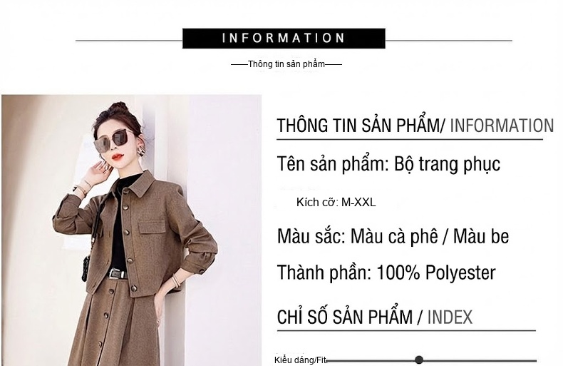 Set Áo Khoác Chân Váy Nữ Thu Đông Phong Cách Tiểu Thư Thanh Lịch Màu Nâu, Be chi tiết 11