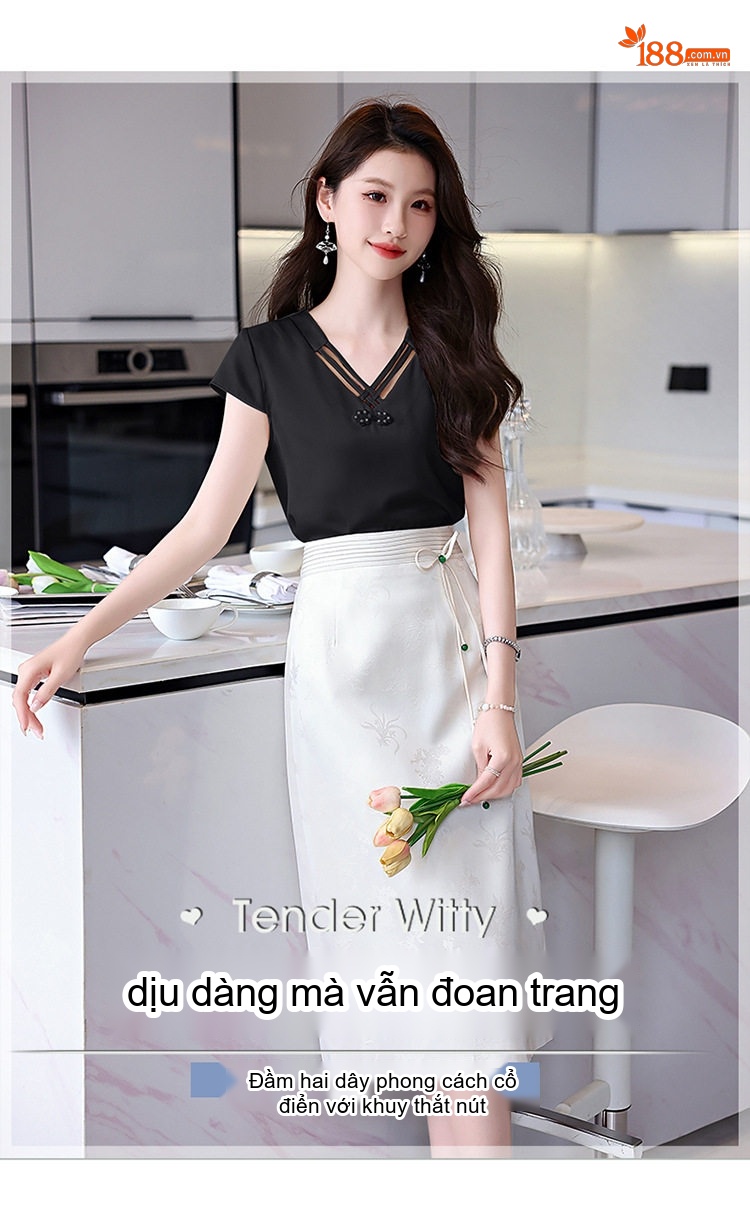 Set Bộ Áo và Chân Váy Chữ A Phong Cách Tân Cổ Điển Màu Đen, Trắng, Hồng chi tiết 7