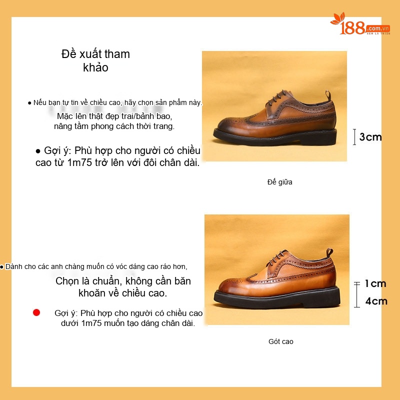 Giày Tây Brogue Nam Da Thật Lót Lông Chiều Cao Đế Khoảng 3.5cm Màu Đen, Nâu chi tiết 1