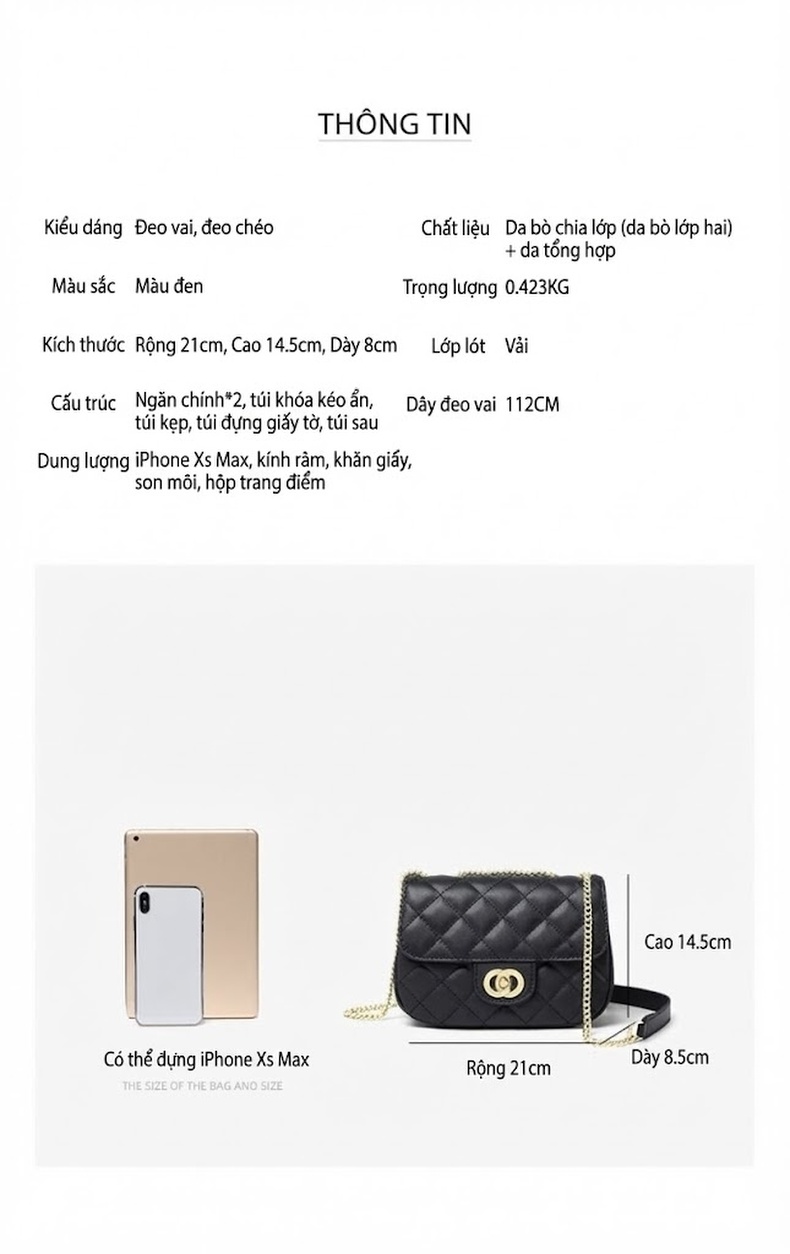 Túi Đeo Chéo Nữ Da Thật Trám Ô Mini Dây Xích Vàng Thời Trang Màu Đen chi tiết 8